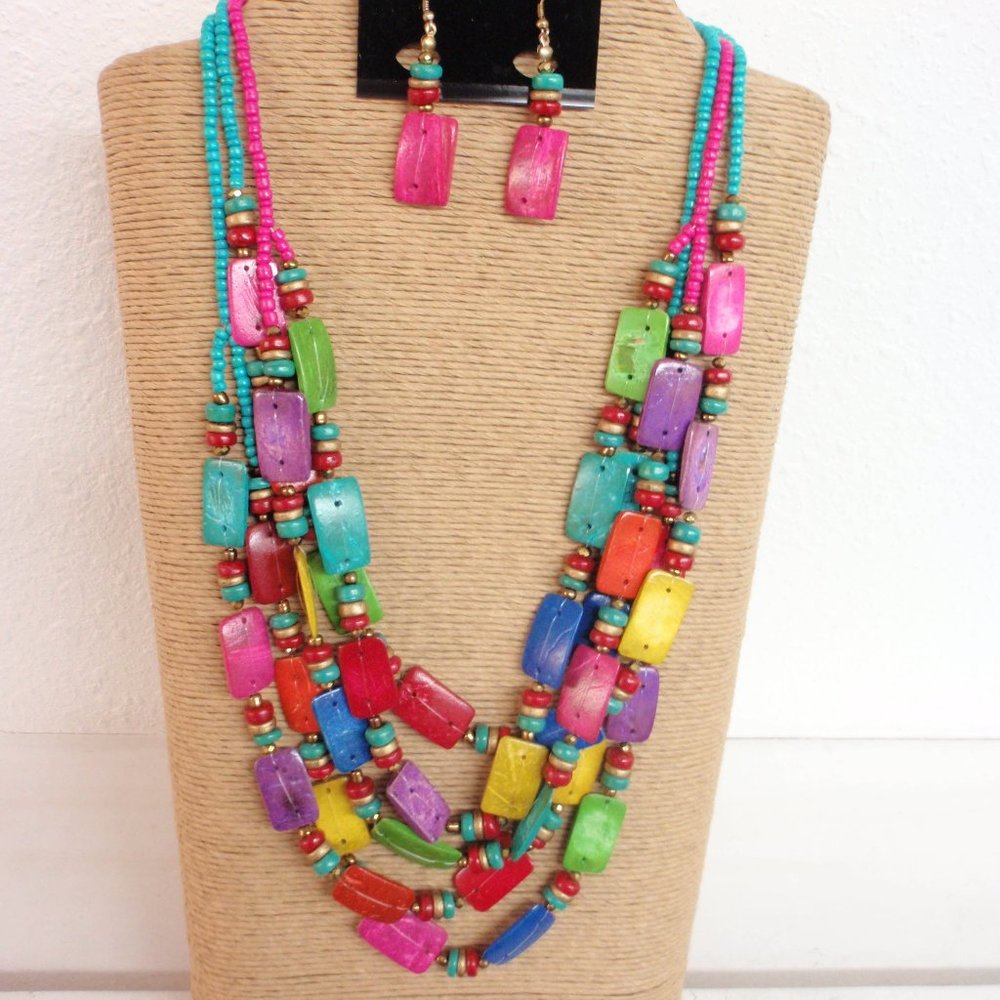 3 Strand Multi Color Wood - Multi Strands Necklace Set